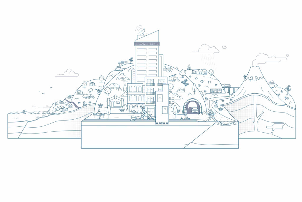 EQC-conf-illo A drawing of a city on a hill.