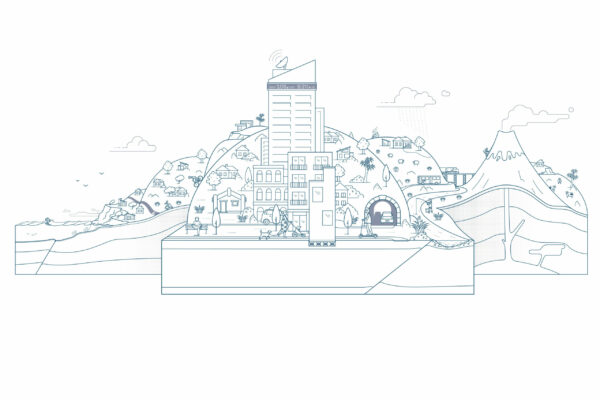 EQC-conf-illo A drawing of a city on a hill.