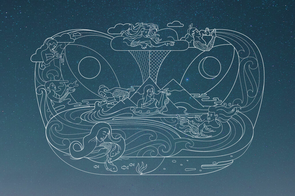 TA_watercycle_outlines A drawing of a night sky with a moon and stars.