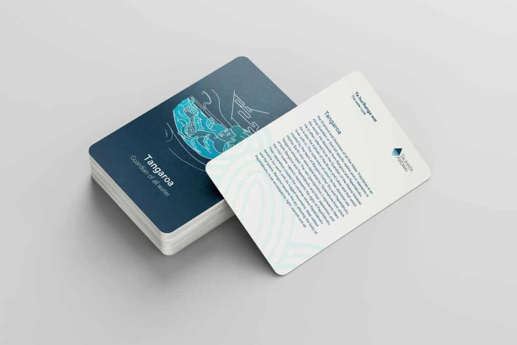 TA_watercycle_playing-cards3 A set of Maori language cards with a blue and white design explaining the Maori water cycle for Taumata Arowai's rural events circuit.