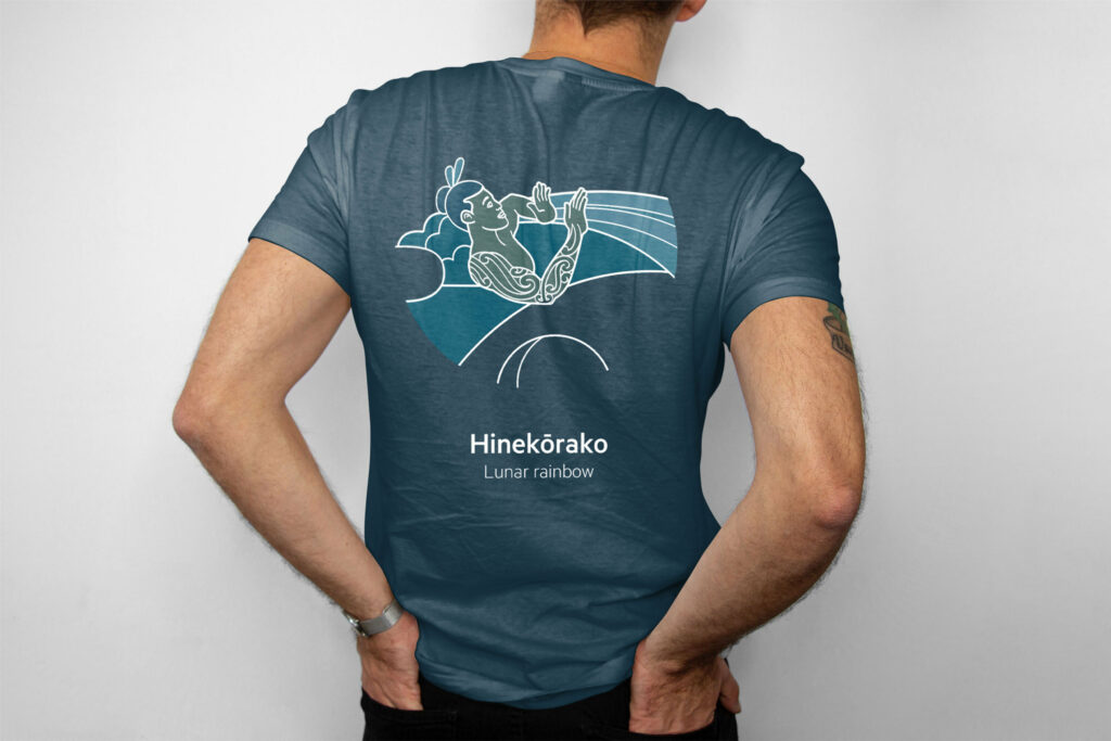 TA_watercycle_tshirt2 The back of a man wearing a illustration of the Maori water cycle on a blue t - shirt for Taumata Arowai staff to wear at events.