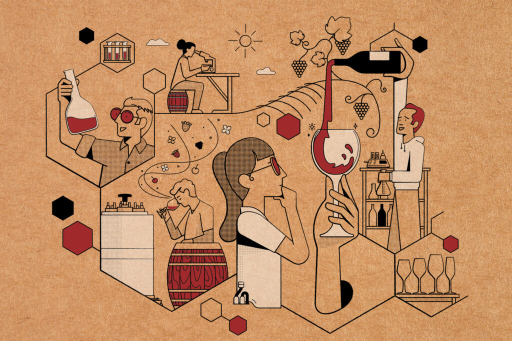 Testcase_artwork_flat An illustration of a group of people drinking wine.