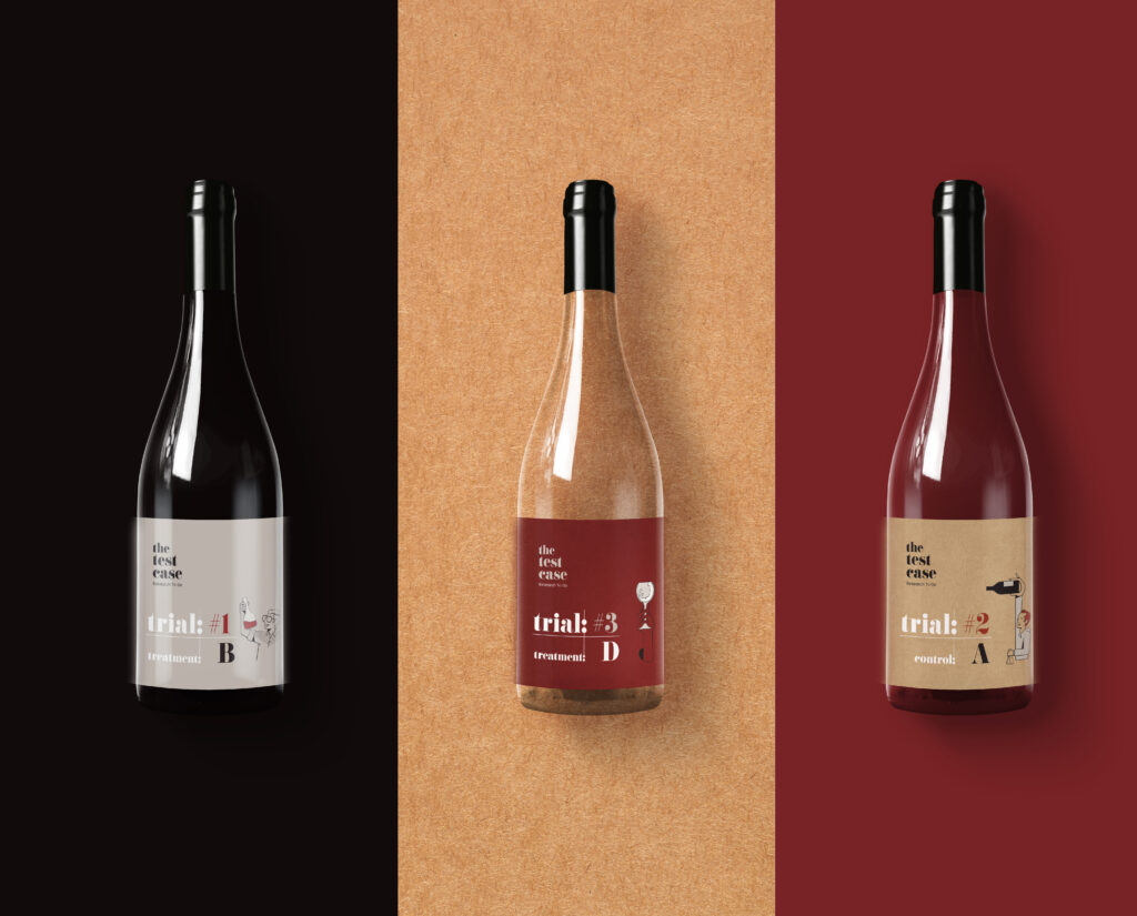 Testcase_wine_bottles_FINAL Three bottles of wine on a red and black background.