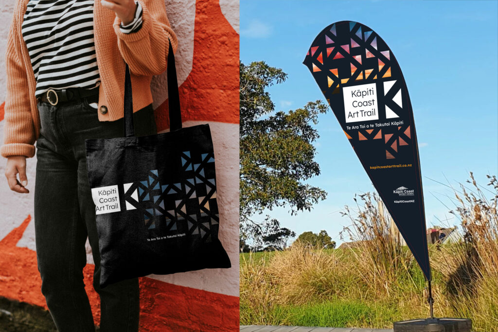 kcat-totebag-flag An image of a woman holding a bag and a banner.