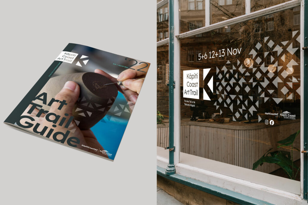 kcat_guidebook-shopwindow The art trail guide is shown in front of a storefront.