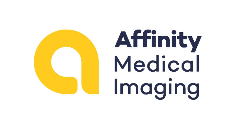 Logo of affinity medical imaging featuring a stylized letter 'a' in yellow beside the company name in blue text.