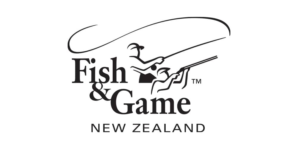 Logo of fish & game new zealand, featuring a stylized fish and a hunter with a dog.