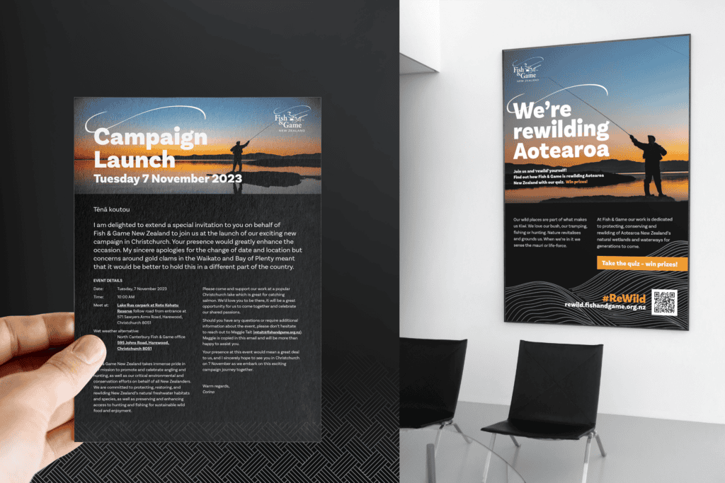 Fish-and-Game_ReWild-Portfolio-Mockups_Invite-and-Poster A person holds a Campaign Launch flyer while a "We're rewilding Aotearoa" poster is displayed on a wall in an office with two black chairs. Both documents feature a silhouette of a person fishing at sunset.