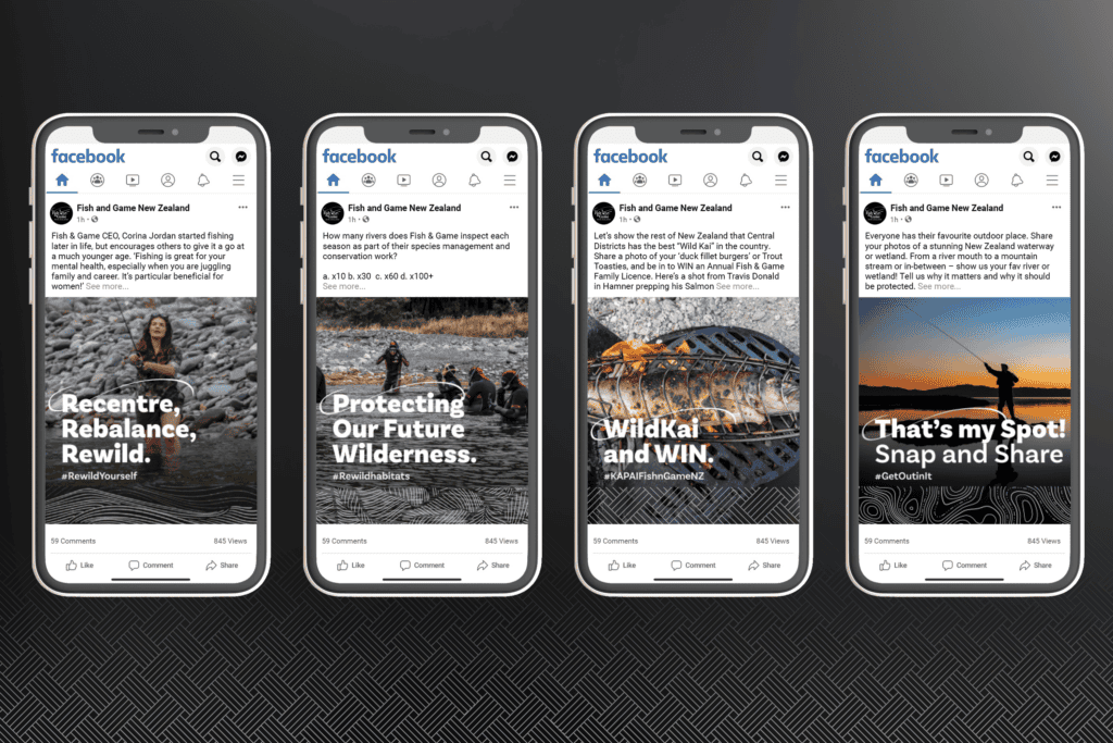 Fish-and-Game_ReWild-Portfolio-Mockups_Mobile-Phones Four smartphones display Facebook posts from Fish and Game New Zealand, featuring messages about conservation, wildlife protection, and a photo contest.