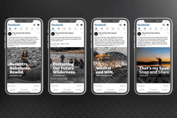 Fish-and-Game_ReWild-Portfolio-Mockups_Mobile-Phones Four smartphones display Facebook posts from Fish and Game New Zealand, featuring messages about conservation, wildlife protection, and a photo contest.