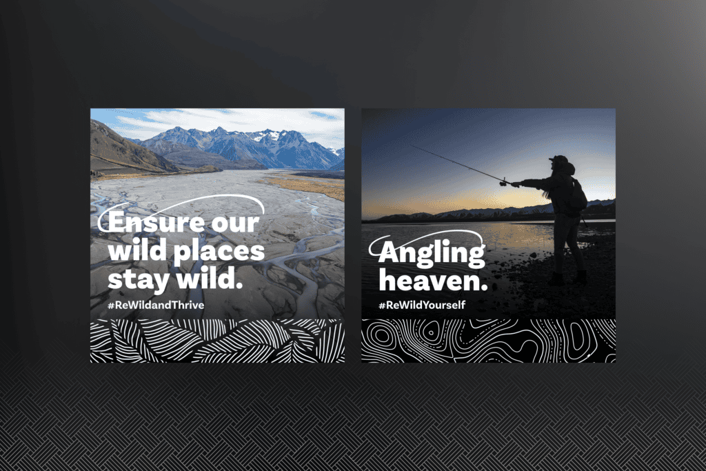 Fish-and-Game_ReWild-Portfolio-Mockups_Socials-1 Two images promoting nature conservation: one of a mountainous landscape with the text "Ensure our wild places stay wild," and another of a person fishing at sunset with the text "Angling heaven.