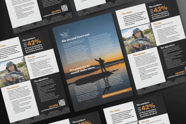 Fish-and-Game_ReWild-Portfolio-Mockups_handout Several pages of a brochure titled "Kia ora and Haere mai" with text and images showcasing environmental conservation efforts, including statistics and objectives.