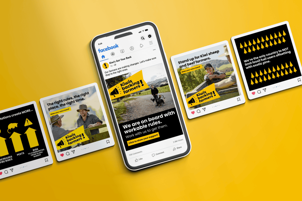 Beef & Lamb Social A smartphone displays a Facebook post advocating for Kiwi sheep and beef farmers. Surrounding the phone are four postcards with similar yellow-themed designs and supportive messages, all set against a yellow background.