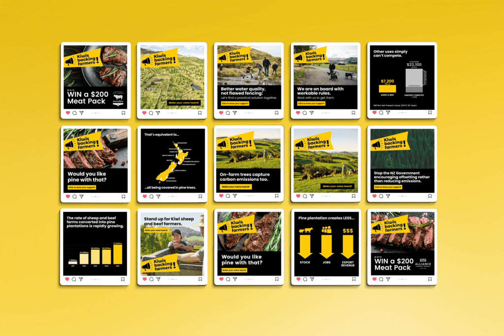 Beef & Lamb Social Mega feed A grid of social media posts with yellow backgrounds. Posts feature images of meat, sheep, a map of New Zealand, and farmers. Some posts include text about meat packs, farming, emissions, and government policies. Icons for likes, comments, and shares are visible.