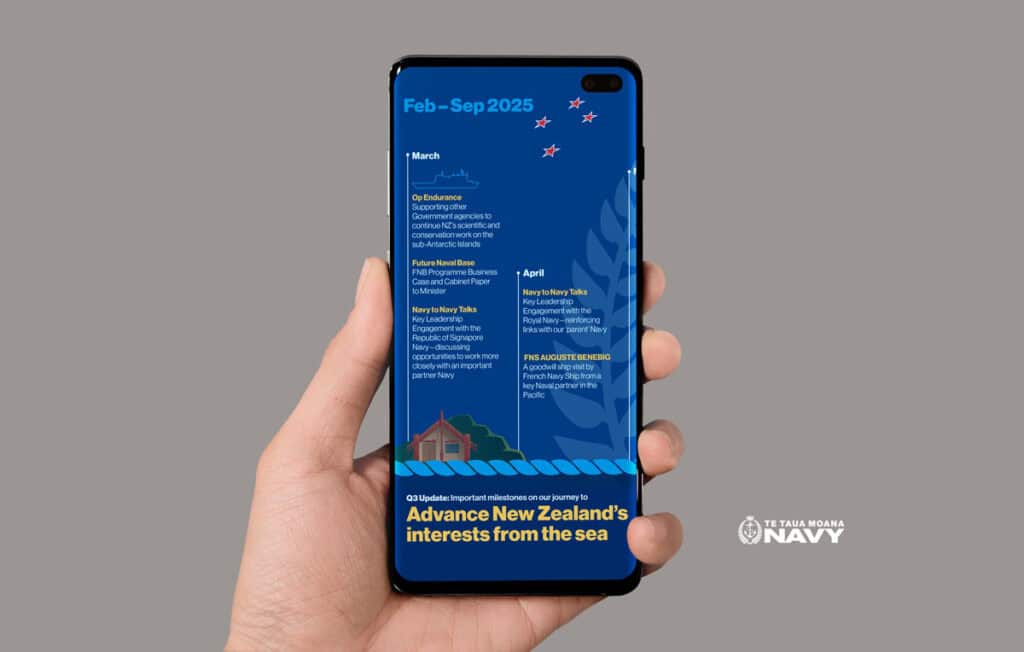 NZ-Navy-mobile-mockup-timeline-2 A hand holds a smartphone displaying a New Zealand Navy schedule for February to September 2025. It features events and missions listed for March and April against a blue background with navy-themed graphics.