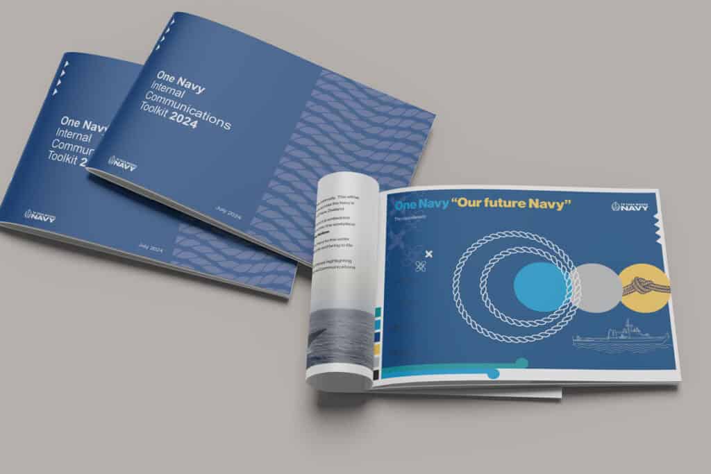 NZ-Navy-toolkit Three booklets with blue covers are displayed. Two are titled "One Navy Internal Communications Toolkit 2024," and the third is open, showing a page with the text "One Navy 'Our future Navy'" and marine-themed graphics. Navy logos are present.
