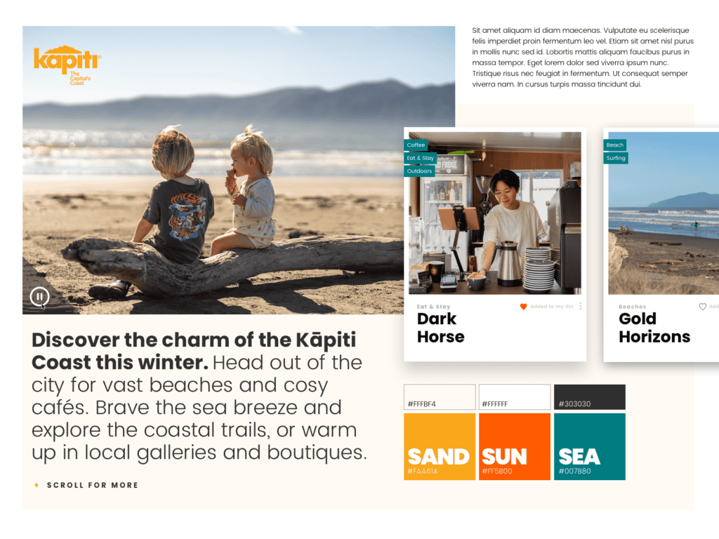 kapiti coast design tile #2 Two children sit by the beach under a clear sky. A man serves coffee at Dark Horse café, with a menu behind him. The page highlights the Kāpiti Coast, featuring stories about Dark Horse and Gold Horizons, with color palette swatches labeled SAND, SUN, and SEA.