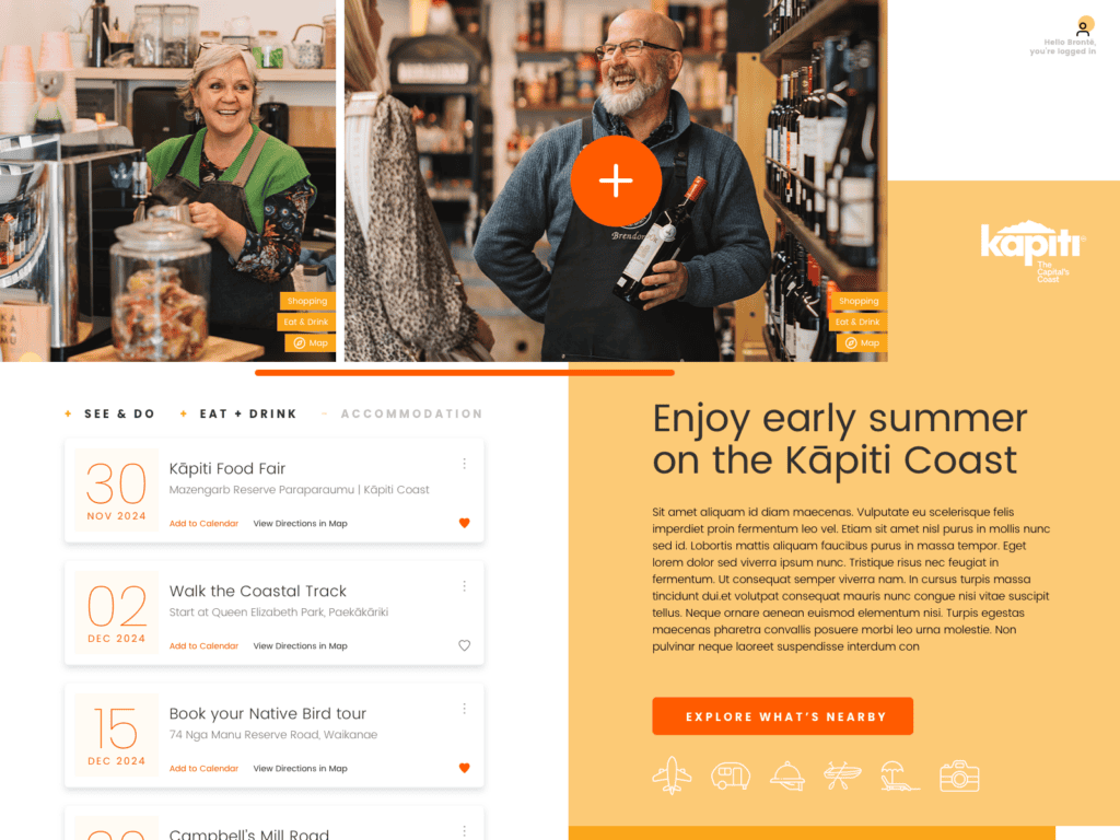 kapiti coast design tile #4 A smiling couple in a wine shop. The man holds a bottle and wears an apron. The image promotes tourism on the Kāpiti Coast with events listed on the left and an orange CTA button. The background shows shelves of wines and a modern logo.