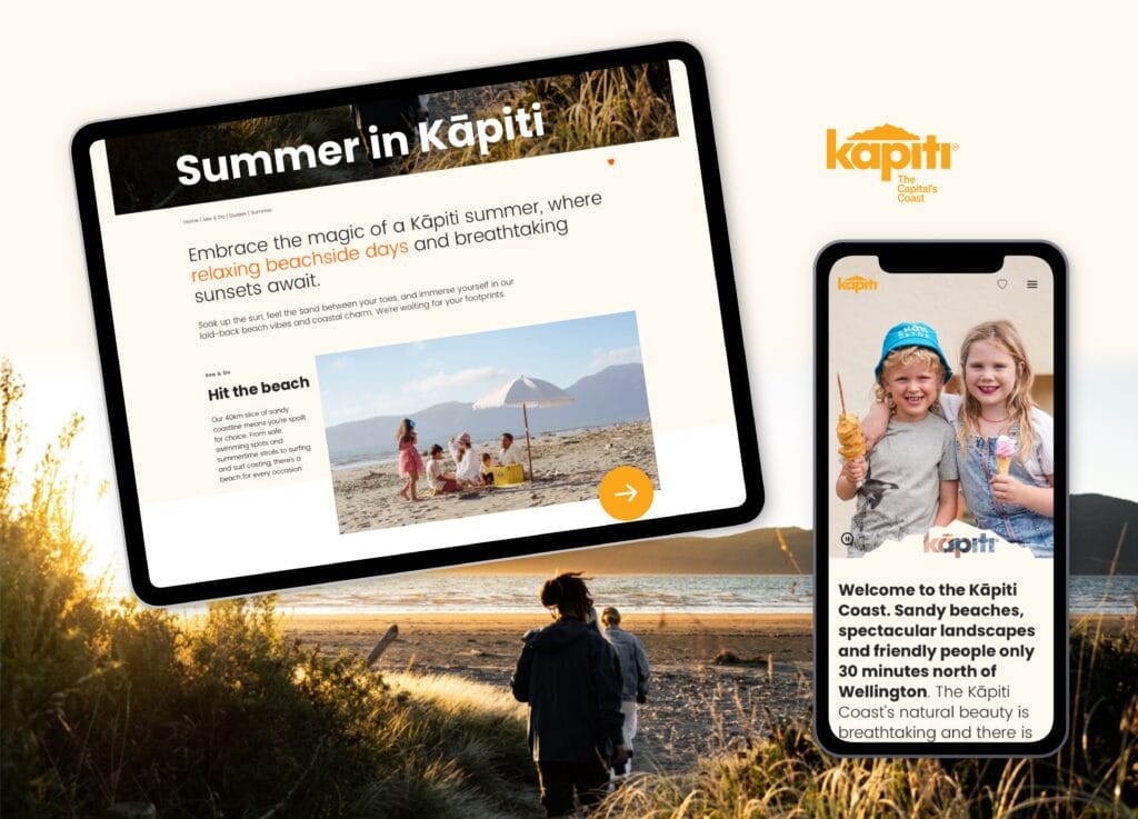 visit kapiti home w bg A tablet and smartphone display a travel website featuring "Summer in Kāpiti." The tablet shows a family at the beach, and the phone displays two children with ice cream. A background photo depicts people walking on a sunlit beach.