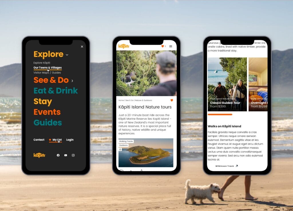 visit kapiti on beach Three smartphones display travel app screens with information about Kāpiti regional tourism and activities. They include options to explore, eat, drink, and stay. A dog and person walk on a beach with mountains and blue sky in the background.