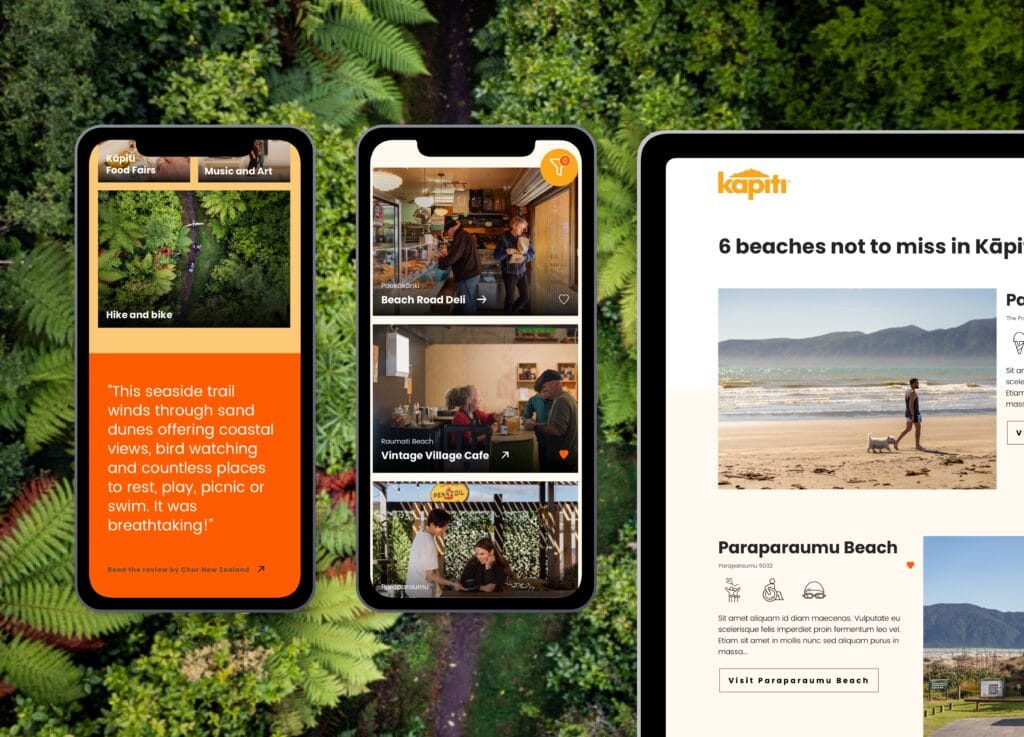 visit kapiti on bush Three devices display a Kāpiti coastal travel guide app with images of beaches, cafes, and hiking trails. The background shows lush green foliage, as seen from an aerial view. The interface features explore options, reviews, and vibrant destination photos.
