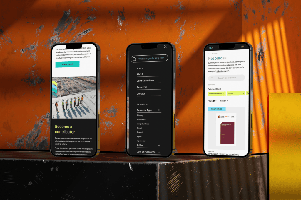 Design Resilience Mobile Screens Three smartphones displaying different screens. The first shows a "Become a contributor" page, the second has a search menu, and the third displays a resource list. The phones are on a surface with an orange, textured backdrop.