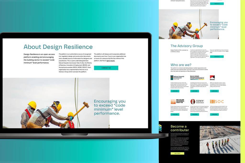About Design Resilience UI Design A laptop displaying a webpage about Design Resilience with an image of construction workers in safety gear. The page features sections on performance, an advisory group, and contributor opportunities, set against a gradient blue background.