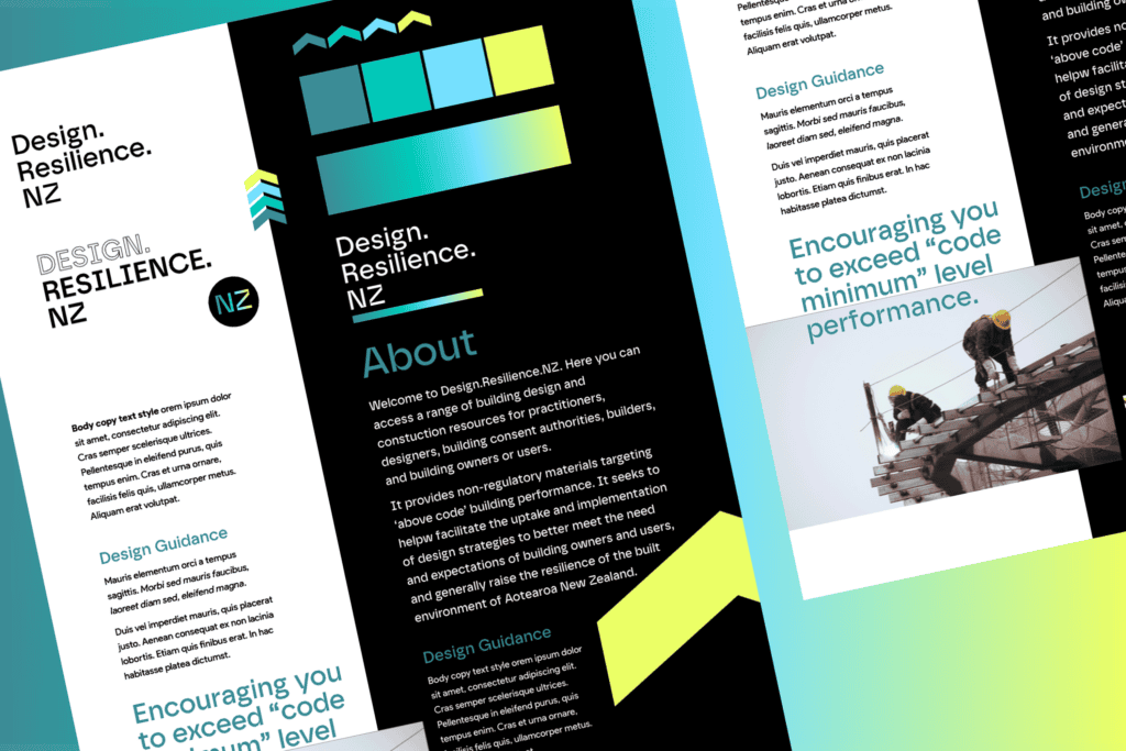 Design Resilience Style Tiles A digital brochure displaying examples of how the brand toolkit could be applied to a website design. Presented on a gradient background.