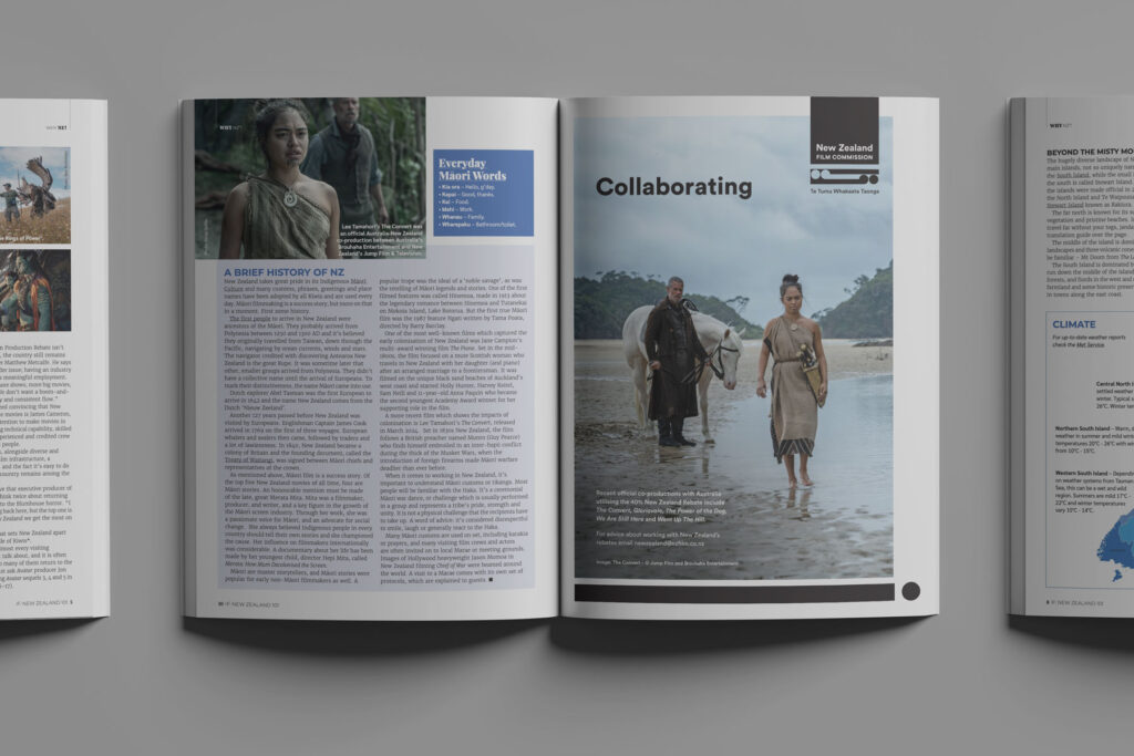 IF-mag-NZFC-advert-1 Open magazine displaying articles and images. The left page features text about the history of New Zealand and an image of a woman. The right page has the title "Collaborating" with a photo of two people and a horse on a beach.