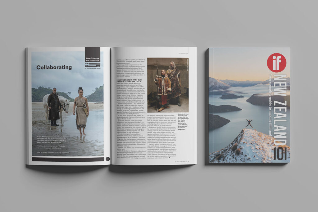 IF-mag-NZFC-advert-2 Open magazine with articles and photos about Maori culture and New Zealand on the left. Closed magazine cover on the right featuring a scenic aerial view of a lake and mountains with "New Zealand 101" and "if" text.