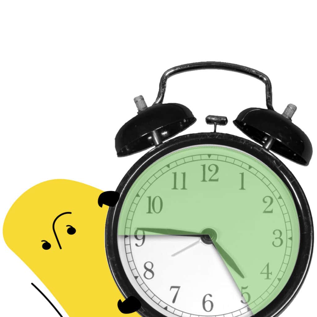 EA Consumer brand character A classic black alarm clock showing 5:36 is partially covered by a Electricity Authority yellow consumer cartoon character peeking from behind, with a curious facial expression. The clock face is highlighted in green.