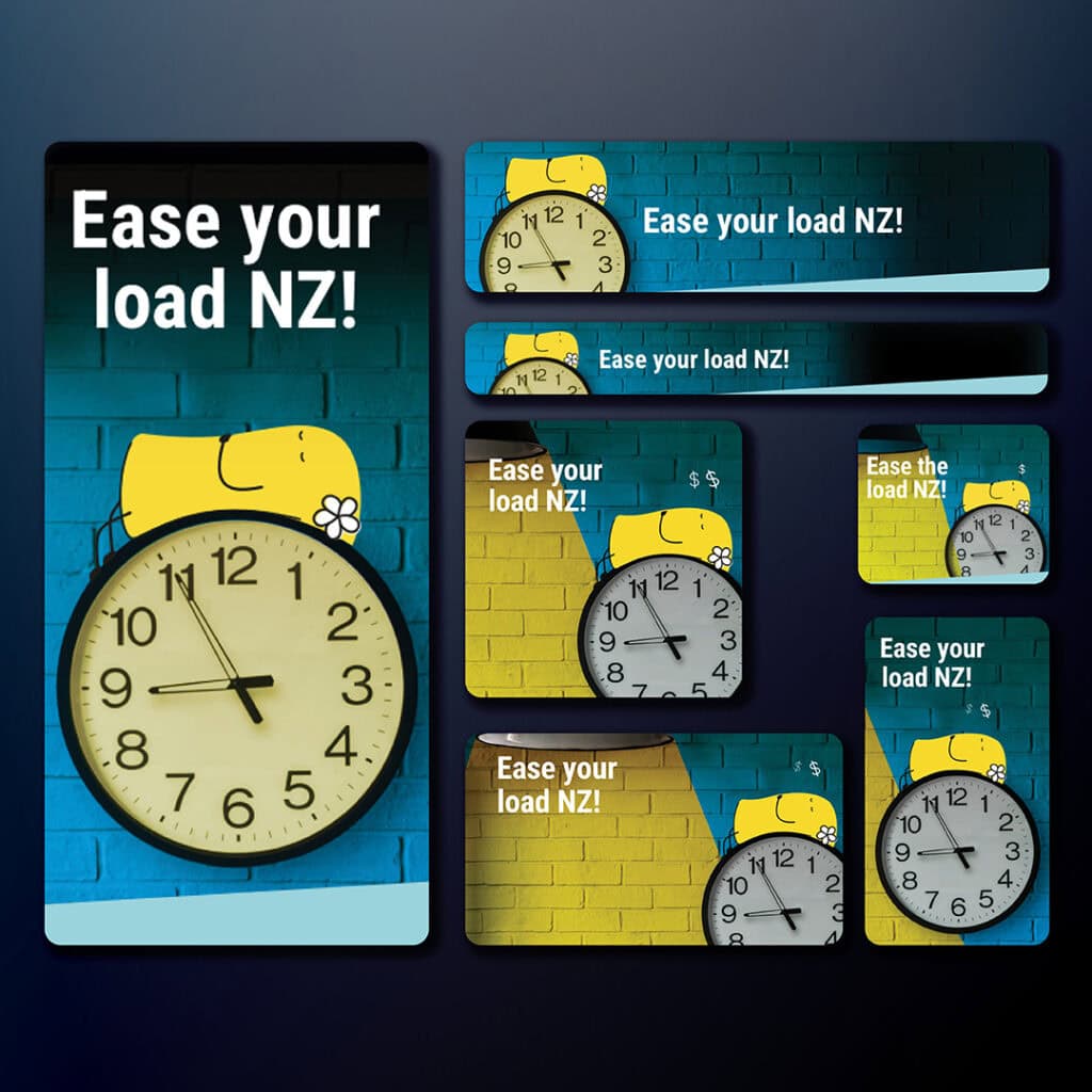 Same ad multiple sizes A set of Electricity Authority digital banners shows a yellow cartoon dog on a blue or yellow brick wall above a clock face, with the words "Ease your load NZ!" in white text. Each banner has a slightly different layout and size.