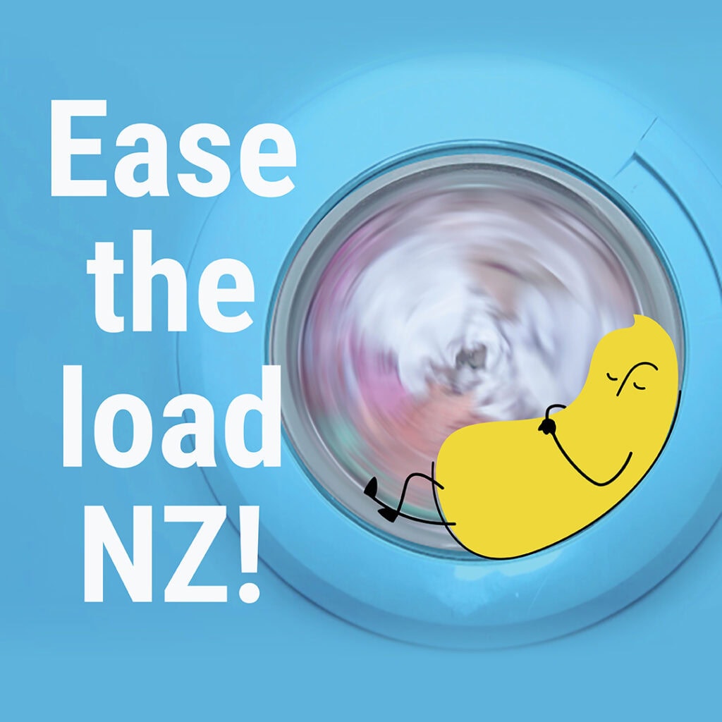 Campaign ad 'Ease the load NZ!' A social post Electricity Authority advert of a washing machine with clothes spinning inside, next to bold white text saying "Ease the load NZ!" A relaxed, cartoon yellow bean character is resting on the machine door. The background is light blue.