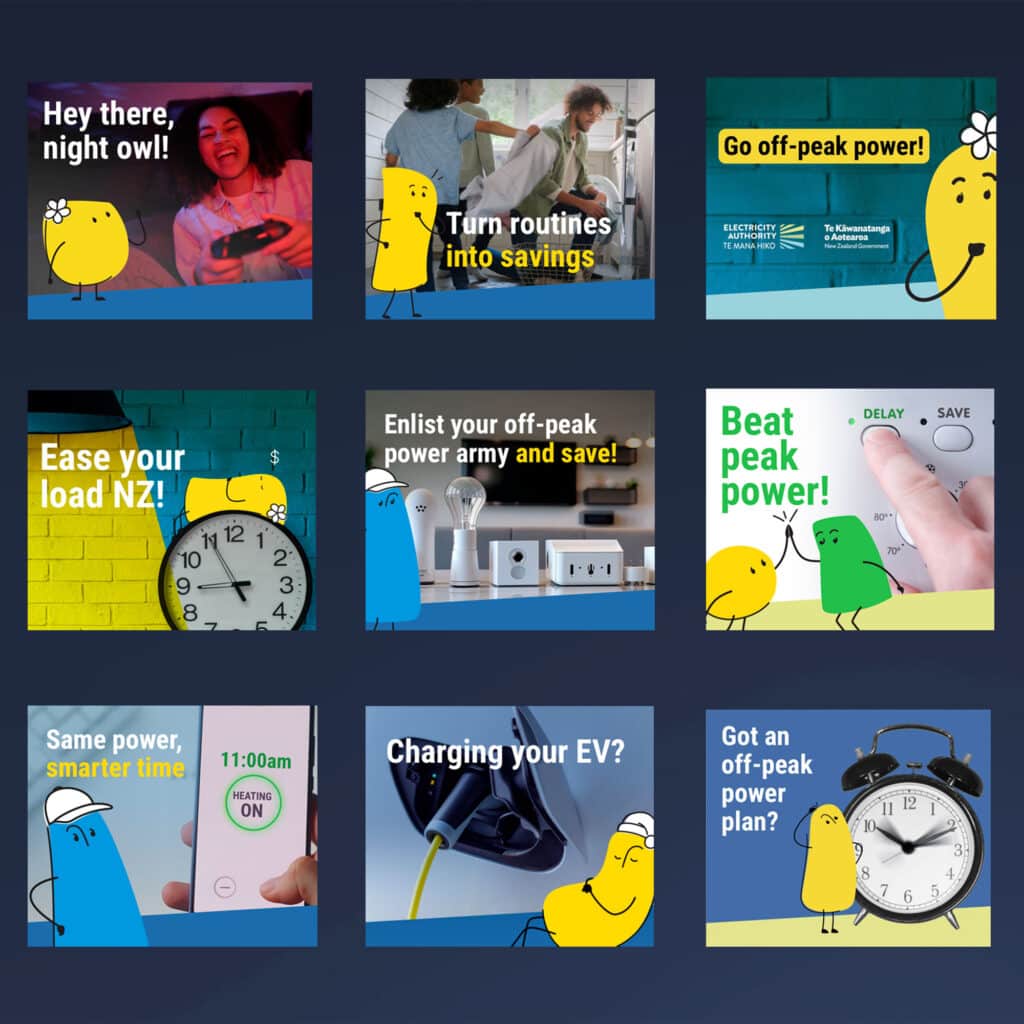 EA-TOU-3x3 A 3x3 grid of colorful illustrations with cartoon characters and text promoting the Electricity Authority off-peak power use, savings, electric vehicle charging, and smarter energy routines, with clocks and power-related visuals.