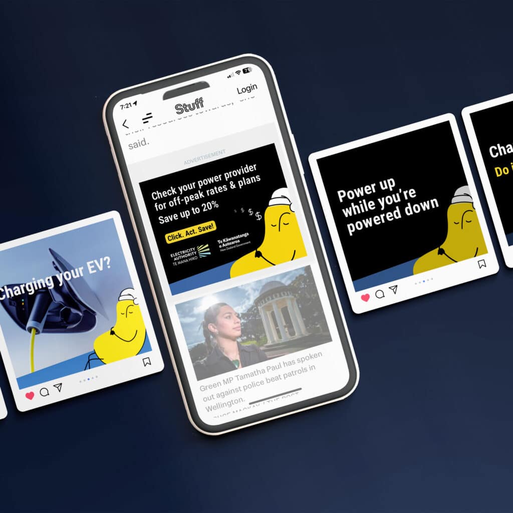 EA-TOU-Social-powerup-powerdown-WL A smartphone displays a news website with a headline about an MP, surrounded by cards featuring illustrations of a yellow character promoting power-saving tips and an image of an electric vehicle charging.