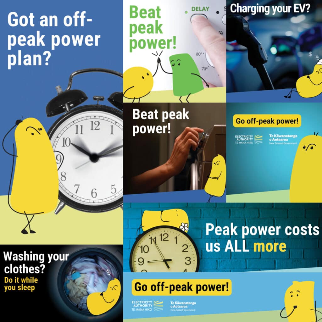 EA-TOU-mediamix-WL A collage of graphics features a cartoon yellow character promoting off-peak power use, showing a clock, a finger pressing a "delay" button, a hand plugging in a device, and reminders to save power and money by using off-peak times.