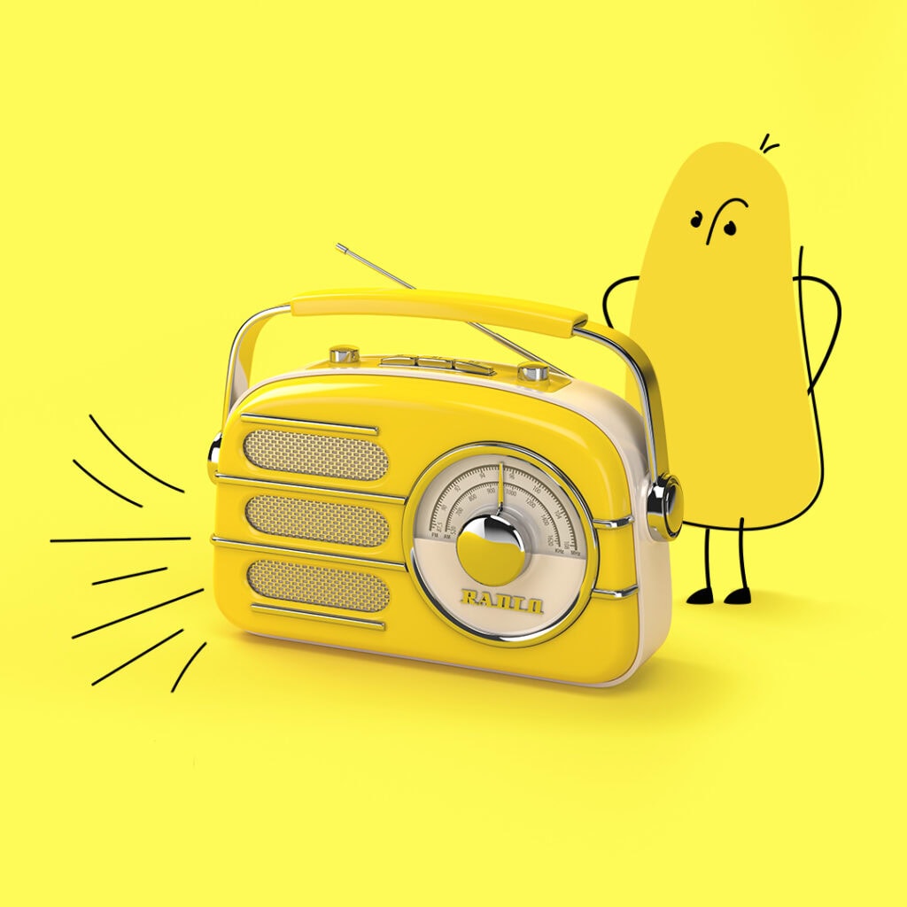 EA Consumer brand character A yellow vintage radio is shown with sound lines, next to a simple cartoon character with a worried expression, both set against a bright yellow background.