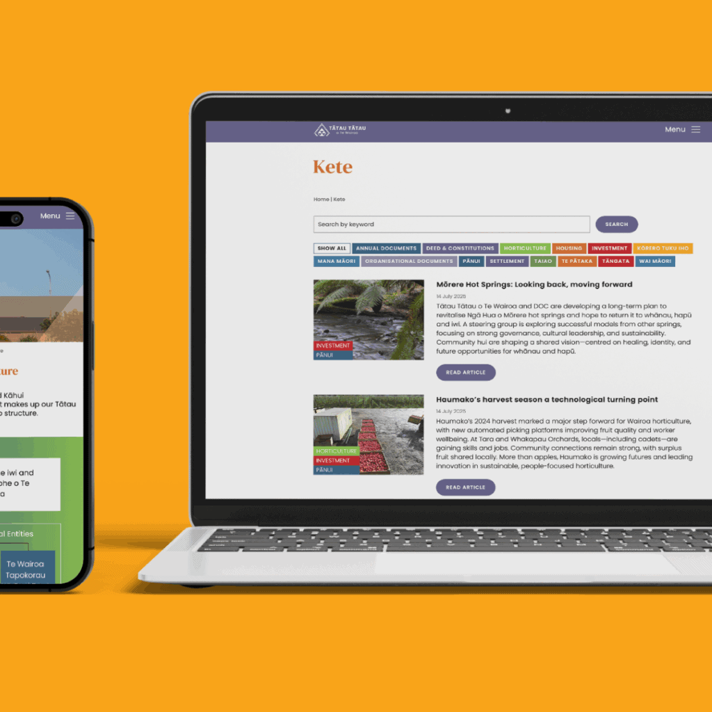 TToTW_PortfolioArtboard-1-copy-10 A smartphone and a laptop display the Kete website, featuring articles, colorful buttons, and search options, all set against a bright orange background.