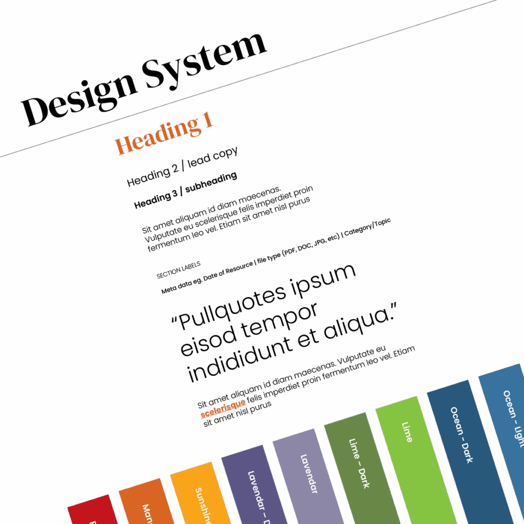TToTW_PortfolioArtboard 1 copy 5 A design system page displays various heading styles, sample text, a pull quote, metadata labels, and a row of color swatches labeled Sunset, Lilac, Lavender, Evergreen, Lime, Ocean, and Orchid.