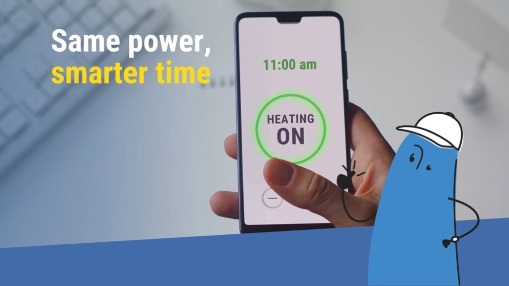 EA Enlist your off-peak army! social media video A hand holds a smartphone showing “HEATING ON” at 11:00 am. The image includes the text “Same power, smarter time” and a blue cartoon character in a hard hat on the right side.